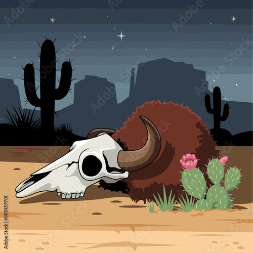 Explore this captivating digital illustration of a bison skull resting in the desert landscape, surrounded by cacti and mountains under a starry sky, perfect for nature-themed projects.