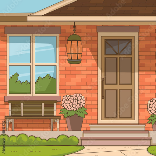 Explore this inviting brick house entrance featuring a stylish door, decorative lantern, and lovely flower pots. Ideal for home and garden design projects or illustrations.