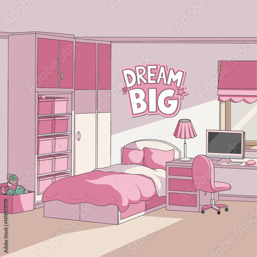 Explore this charming and vibrant pink bedroom featuring a cozy bed, playful decor, and an inspiring 'Dream Big' message, perfect for a youthful and creative atmosphere.