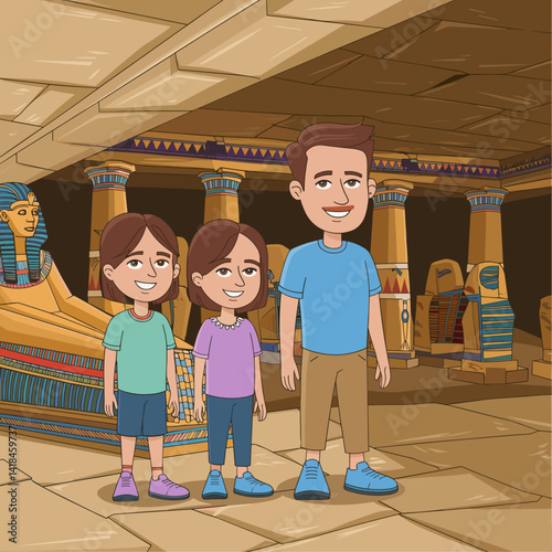 This vibrant cartoon illustration showcases a fun family exploring an ancient Egyptian tomb, complete with hieroglyphics and mummies, perfect for educational materials.