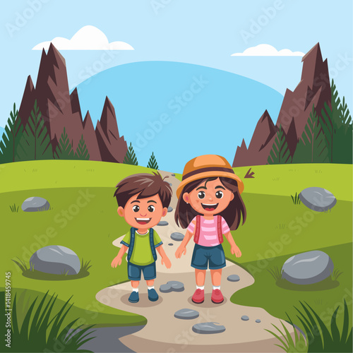 Explore the joy of outdoor adventures with this vibrant illustration of two cheerful kids hiking on a scenic trail surrounded by nature. Perfect for children's themes!