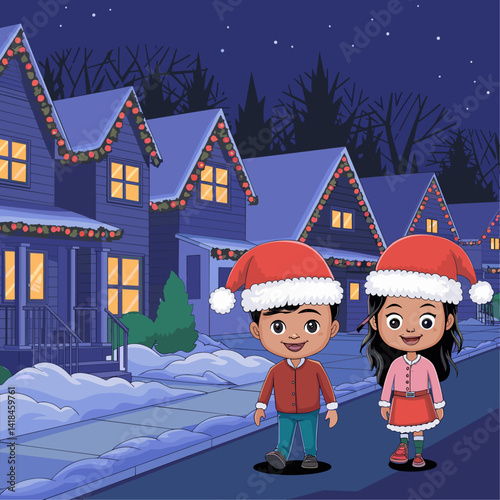 Two cheerful children in Santa hats stroll through a festive, snowy neighborhood, illuminated by charming holiday lights. A perfect illustration capturing the magic of the season!