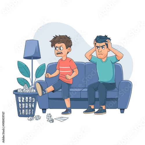 A humorous illustration depicting a frustrated parent sitting on a couch, while a mischievous child kicks trash from a basket. This captures everyday family dynamics vividly.