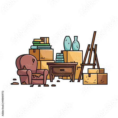 Explore this whimsical illustration of an abandoned room filled with vintage furniture, dusty boxes, and forgotten treasures, evoking a sense of nostalgia and history.