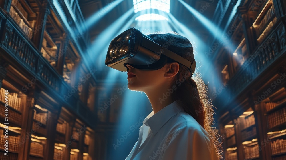 Woman in VR Headset Exploring a Grand Library: Dramatic Lighting, Immersive Scene Woman in VR Headset Exploring a Grand Library: Dramatic Lighting, Immersive Scene