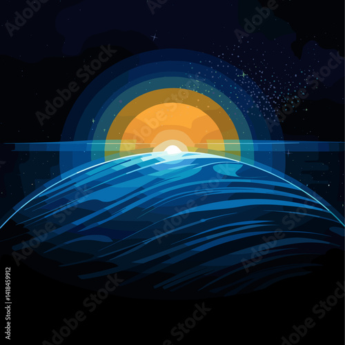 Experience a stunning digital illustration of a serene sunrise over a deep blue ocean, set against a starry night sky. Perfect for themes of tranquility and nature.