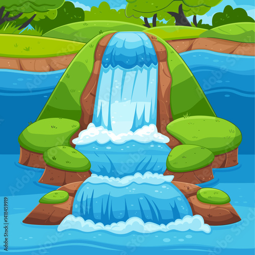 Explore this vibrant cartoon illustration of a serene waterfall surrounded by rolling hills and lush greenery, perfect for nature-themed projects.