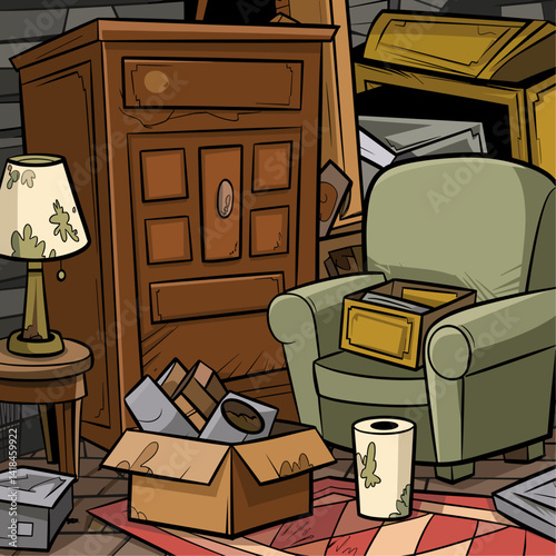 Discover the charm of a cluttered room filled with vintage decor, boxes, and a cozy green chair. A perfect backdrop for creative projects or illustrations.