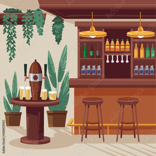 Explore this inviting bar interior featuring a wooden counter, stools, and lush green plants, perfect for any relaxed setting or hospitality project.