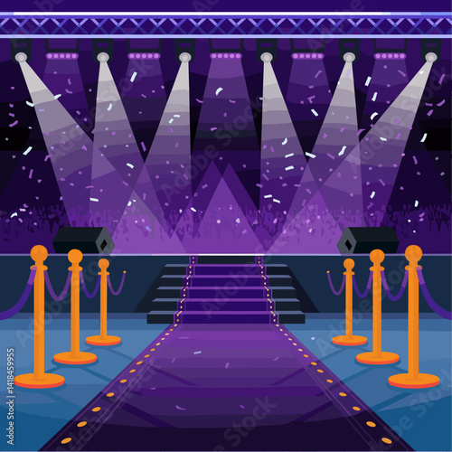An eye-catching digital illustration of a stage set for an event, featuring purple lighting, spotlights, and a red carpet entrance, perfect for event promotions.
