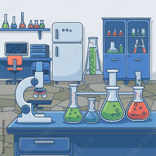 Explore a vibrant laboratory setting with a variety of lab glassware, a high-tech microscope, and colorful reagents. Perfect for illustrating scientific themes.
