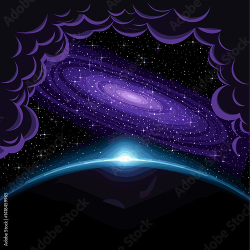 An awe-inspiring cosmic illustration showcasing a vibrant galaxy surrounded by clouds, with a silhouette of Earth below. Perfect for science and space themes.