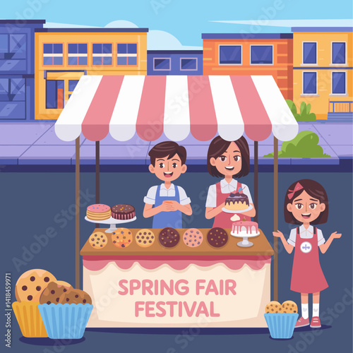 Enjoy a delightful scene at the Spring Fair Festival featuring a vibrant bakery stall with cheerful bakers and an array of delicious cookies and sweets.