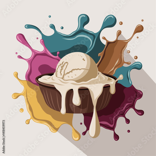 Explore the vibrant design of a creamy ice cream scoop in a bowl, surrounded by colorful splashes. Ideal for summer promotions, food blogs, and dessert-related projects.