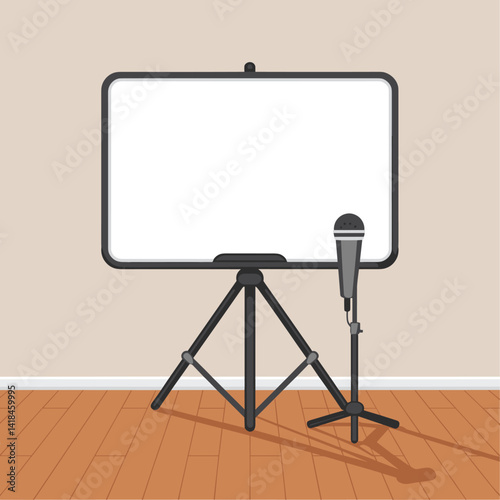 This image showcases a blank presentation board alongside a microphone, ideal for business presentations, speeches, and educational workshops. Perfect for illustrating professional settings.