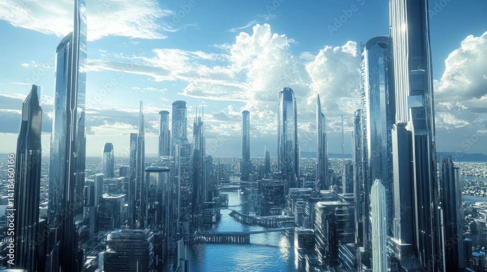 A futuristic metropolis comprised of towering skyscrapers beneath a bright sky