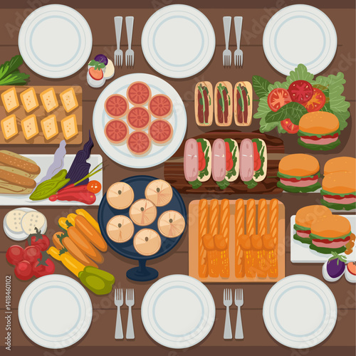 Discover a vibrant and inviting buffet spread featuring burgers, hot dogs, fresh vegetables, and delectable sides. Perfect for food-related projects or culinary showcases.