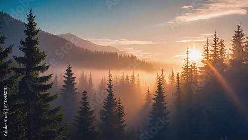 A Serene Mountain Forest at Dawn with Fog and Golden Sunlight Splendor