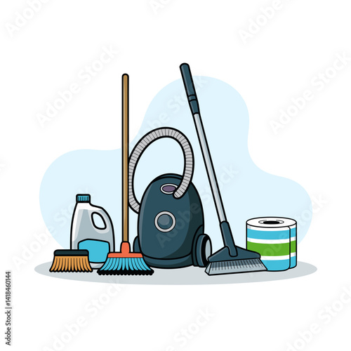 Discover a variety of essential cleaning tools including a vacuum, broom, and eco-friendly supplies to keep your home spotless. Perfect for home and cleaning service images.