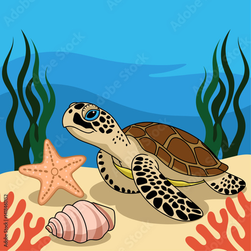 Explore the beauty of underwater life with this charming illustration of a sea turtle surrounded by colorful corals, shells, and seaweed. Perfect for marine-themed projects!