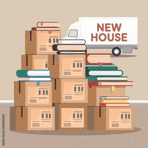 Illustration of neatly stacked moving boxes with colorful books on top and a moving truck labeled 'New House'. Perfect for relocation and home imagery.