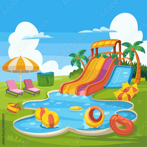 Explore this cheerful water park scene, with colorful slides, inflatable floats, and relaxing lounge chairs, perfect for a summer getaway vibe.