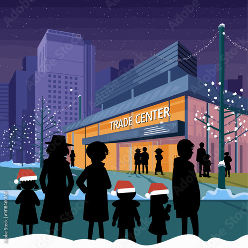 A lively city scene featuring silhouettes of people wearing Santa hats in front of a brightly lit Trade Center. Holiday lights adorn the trees, creating a vibrant atmosphere at night.