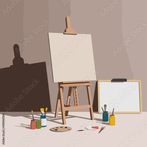 A creative workspace featuring a blank canvas on an easel, surrounded by vibrant paints and brushes, ideal for artistic endeavors. Perfect for artists and art lovers alike.