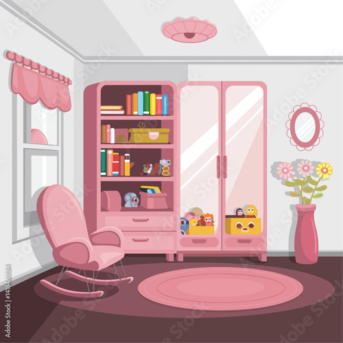 Explore this delightful pink nursery showcasing a cozy rocking chair, colorful books, and playful decor, perfect for tiny tots. A wonderful representation of a charming child’s room!
