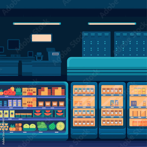Explore a beautifully illustrated supermarket aisle featuring colorful fruits, vegetables, and dairy products. Perfect for showcasing healthy choices and modern retail environments.
