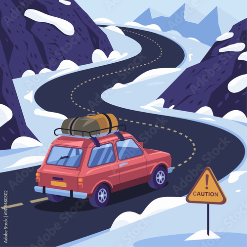 Discover the thrill of a winter road trip! This illustration showcases a red car navigating a winding mountain road, surrounded by snow-capped peaks and caution signage, perfect for travel t...