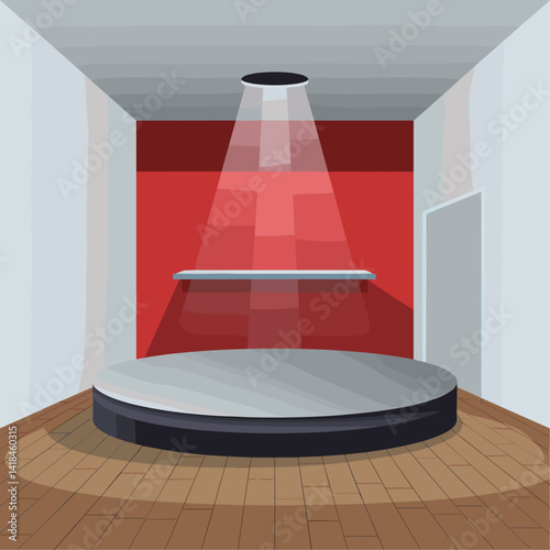 A sleek, minimalist showroom features a round stage illuminated by a dramatic spotlight against a vibrant red wall. Ideal for showcasing products or performances.