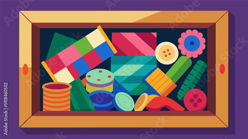A shadow box filled with colorful fabric scraps buttons and thread symbolizing the creative and nostalgic memories of learning how to sew from a. Vector illustration