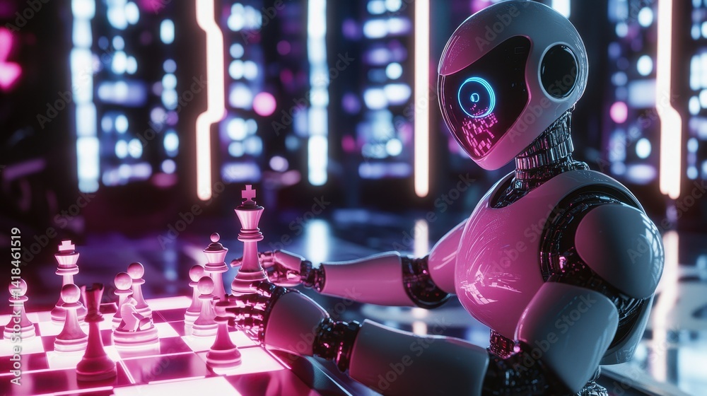 Fototapeta premium Robot competes in chess match in high-tech lounge during evening hours