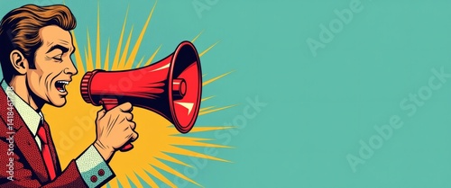 A man using a megaphone to make an announcement, with a retro comic book style 