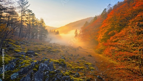 Autumnal mountain landscape bathed in morning mist and golden sunlight glow