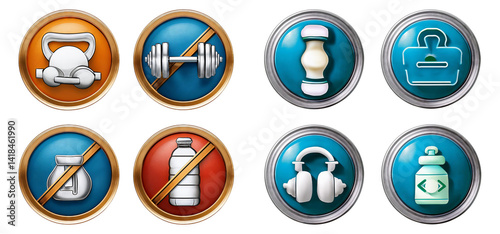 Colorful Icons Representing Fitness and Health Lifestyle Choices, Isolated on Transparent Background