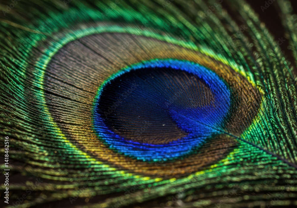 Naklejka premium A captivating macro shot of a peacock feather, displaying vibrant colors and detailed textures.