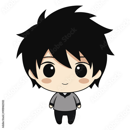 Cute cartoon boy character with short black hair and a gray shirt