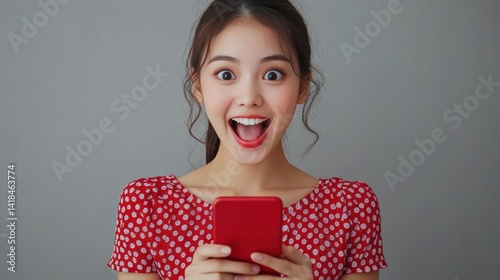 Enthusiastic young woman captivated by her phone display, looking overjoyed