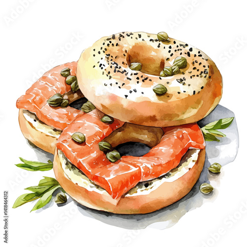 Bagel With Lox And Capers, vector watercolor illustration, isolated on a white background.
