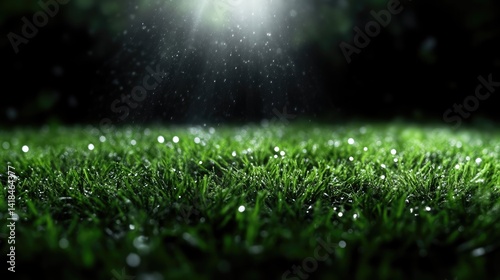Dark, wet grass with droplets illuminated by light