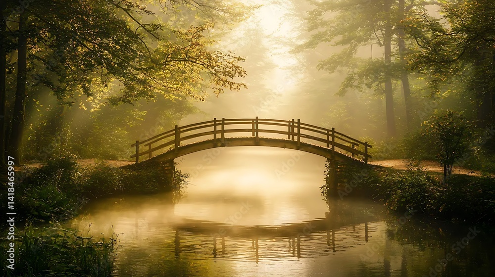 Fototapeta premium Misty morning, wooden bridge over calm water in tranquil park.