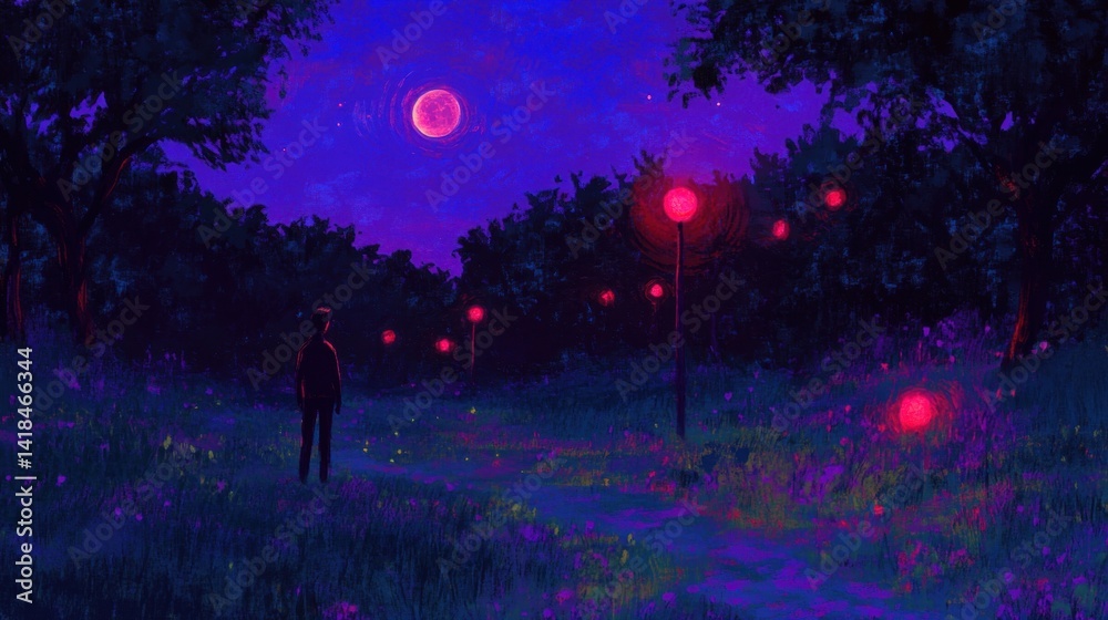 Fototapeta premium Eerie night walk A lone figure strolls a path lined with strange red lights under a crimson moon