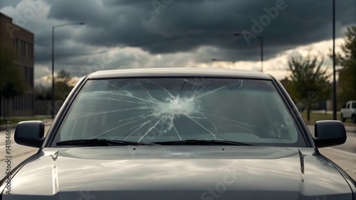 Cracked windshield of parked car on cloudy day photo