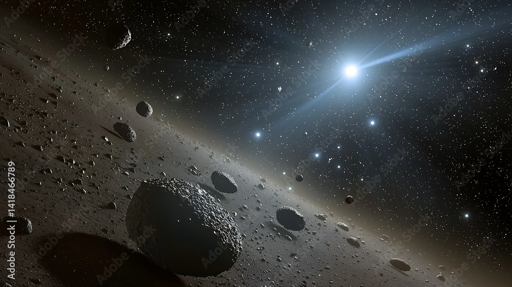 Fototapeta premium Asteroid field orbiting a bright star in deep space.
