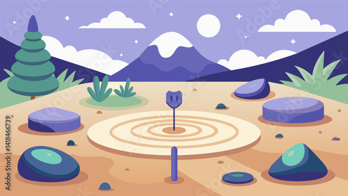 A virtual Zen garden where users can interact with elements such as stones and rakes to create their own mindful designs while being guided through. Vector illustration