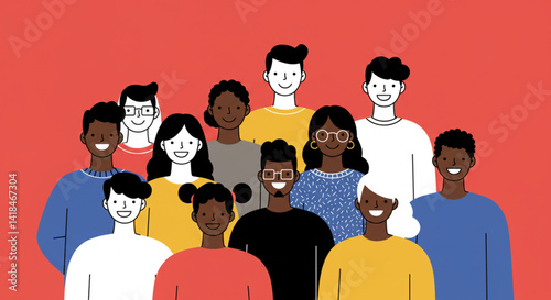 Minimalist flat illustration of diverse group smiling