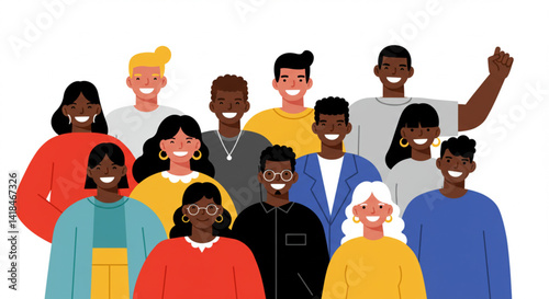 Minimalist flat illustration of diverse group smiling