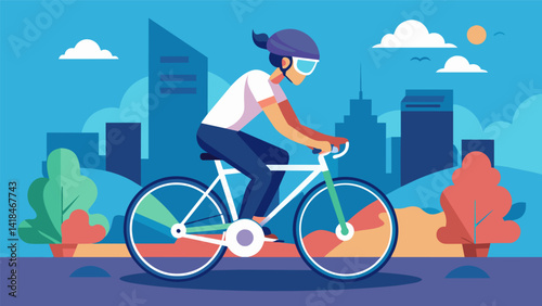 A remote worker cycling through a virtual cityscape during a VR spin class feeling like they are truly outdoors.. Vector illustration
